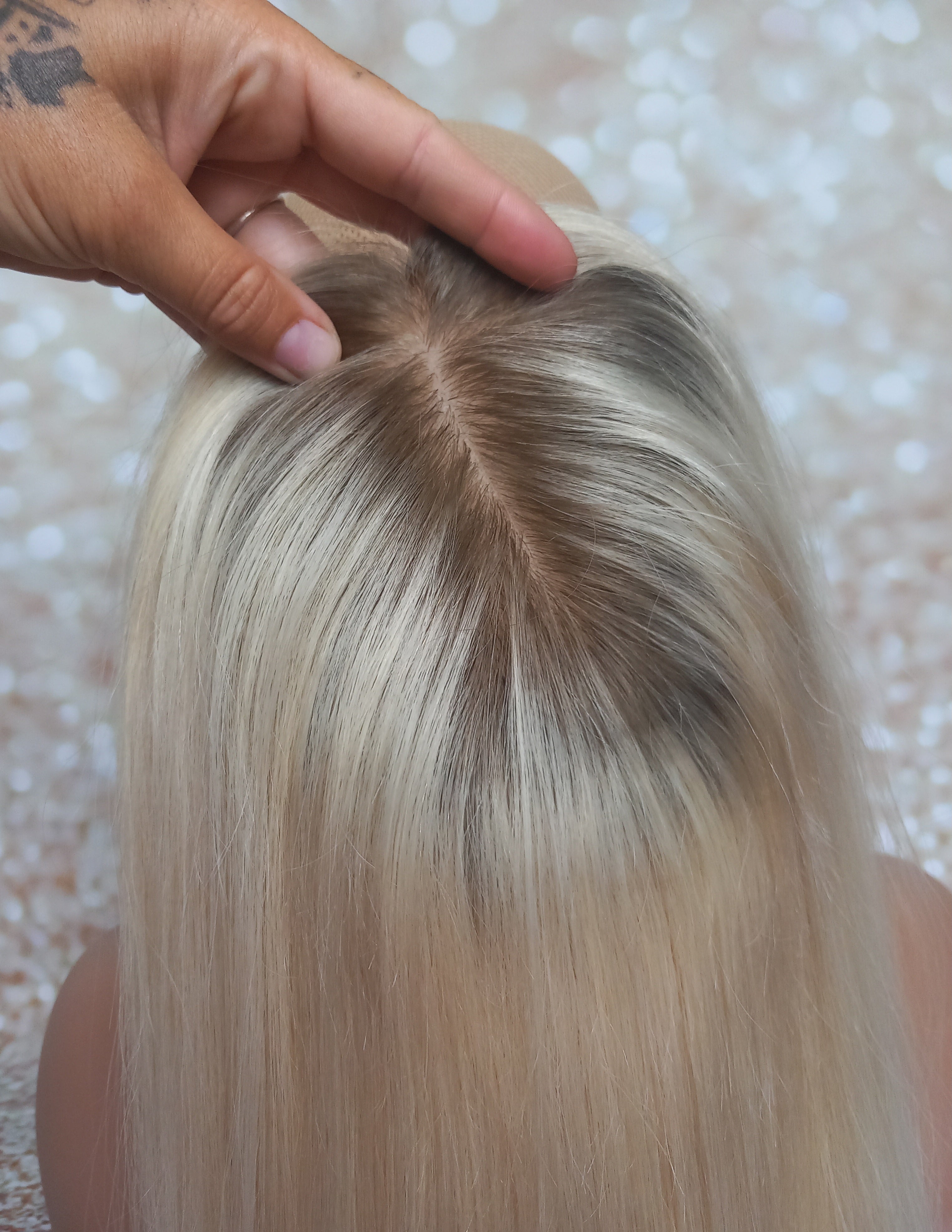 Ready to ship- Silk base topper , lightest blonde with light root, 5x6 inch, 18 inches long