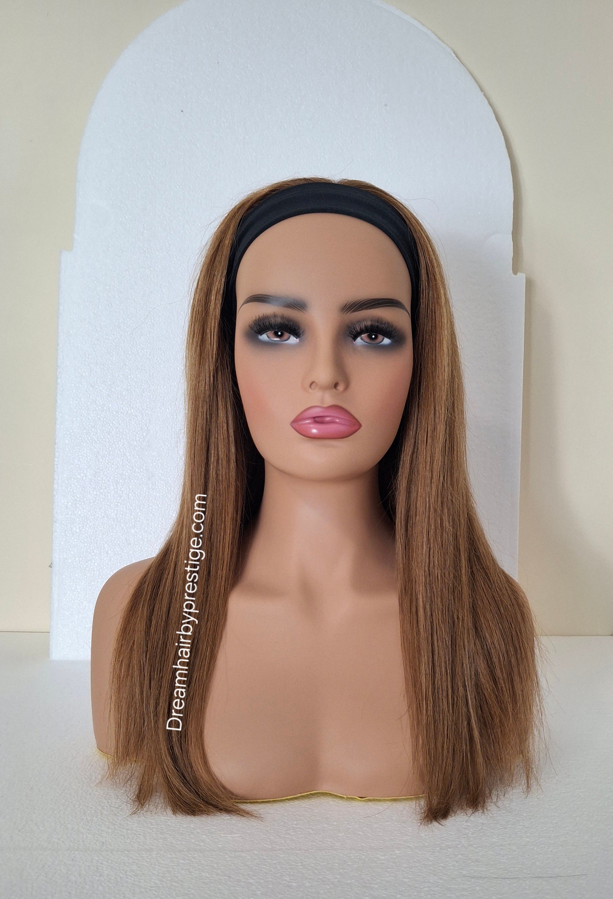 Vibe Human hair headband wig, band fall, auburn brown, 16 inches long, straight