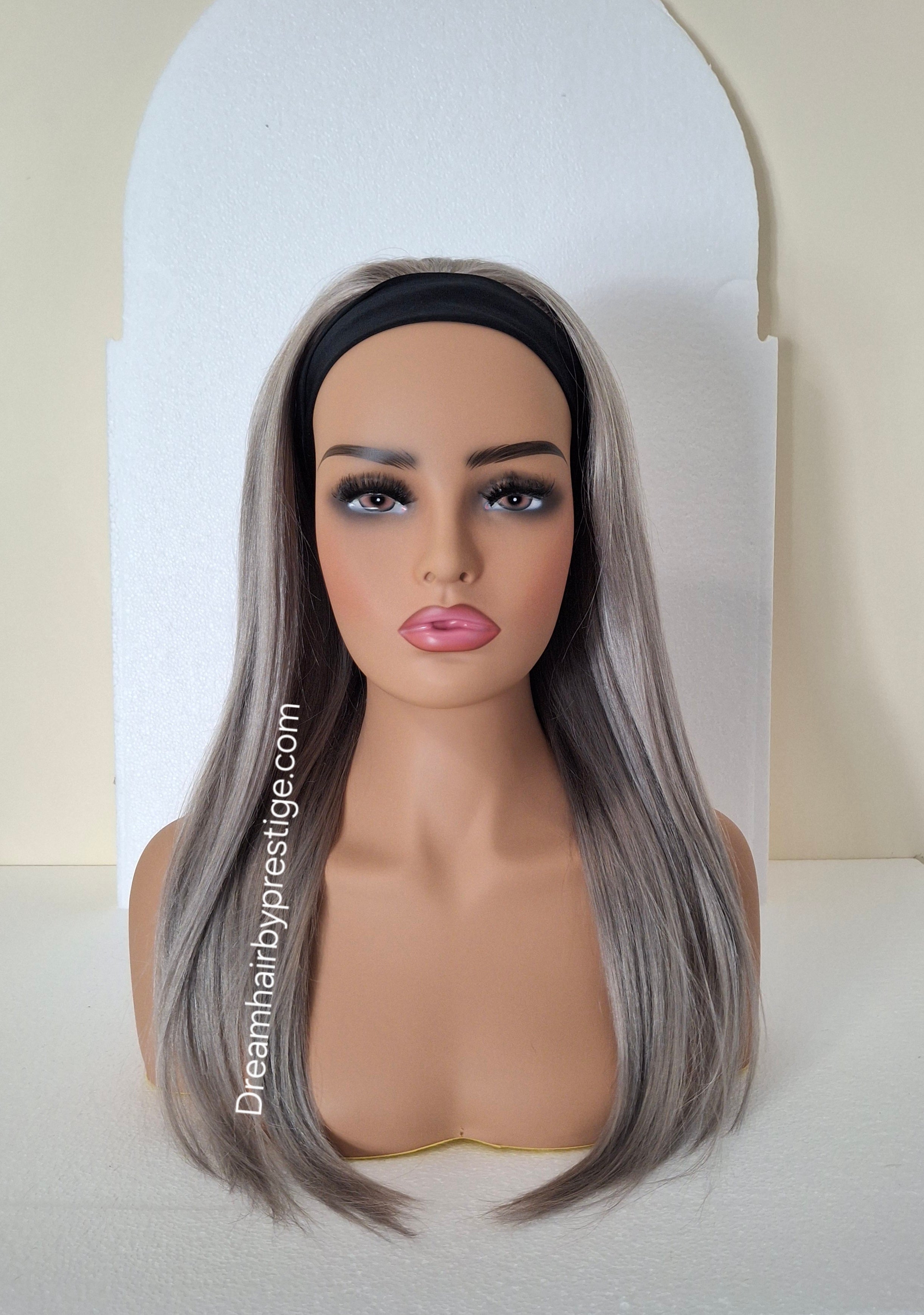 Vibe Human hair headband wig, band fall, silver grey, 18 inches long, straight