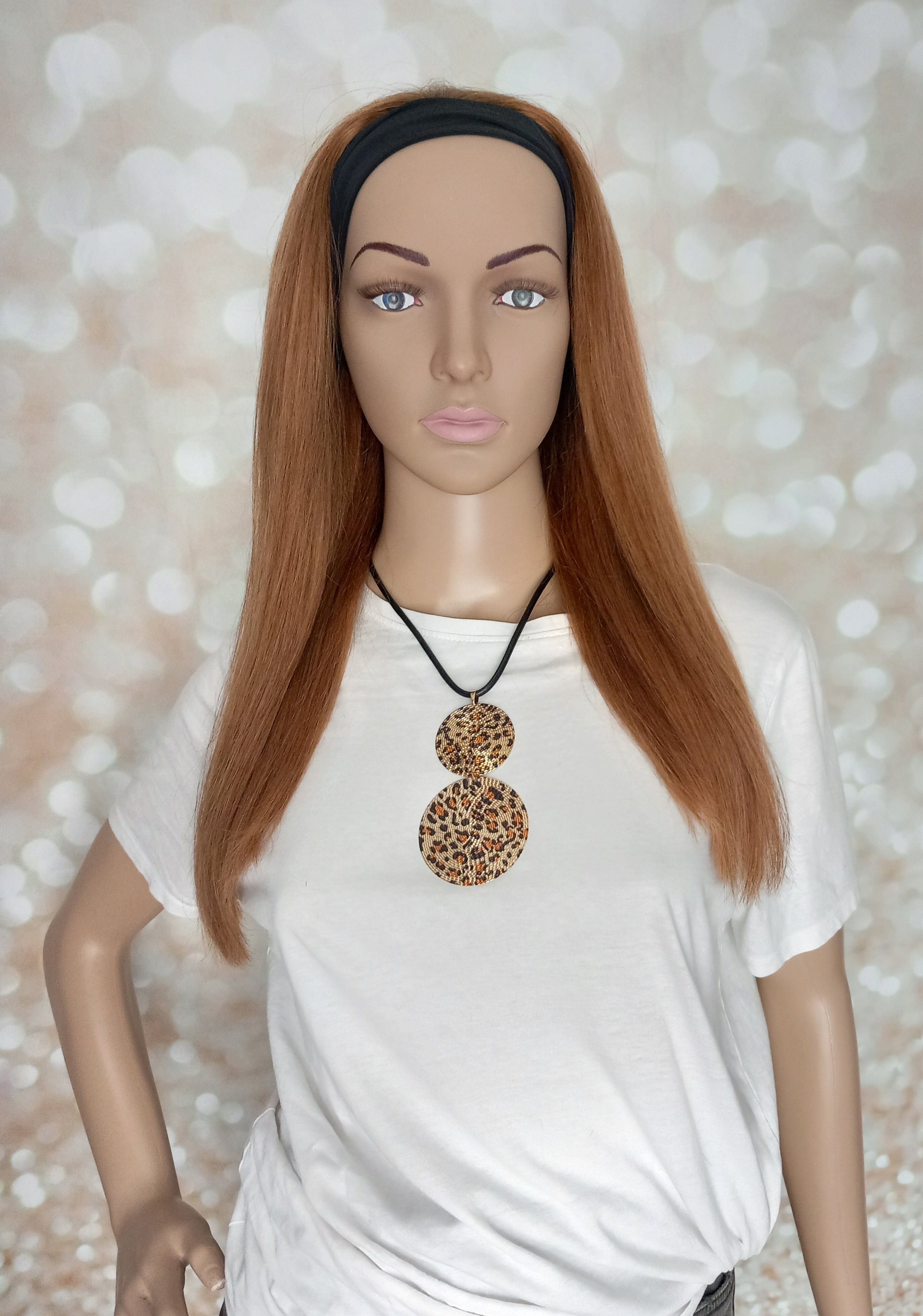 Ready to ship- Khloe Human hair headband wig, band fall, auburn brown, 16 inches long, straight