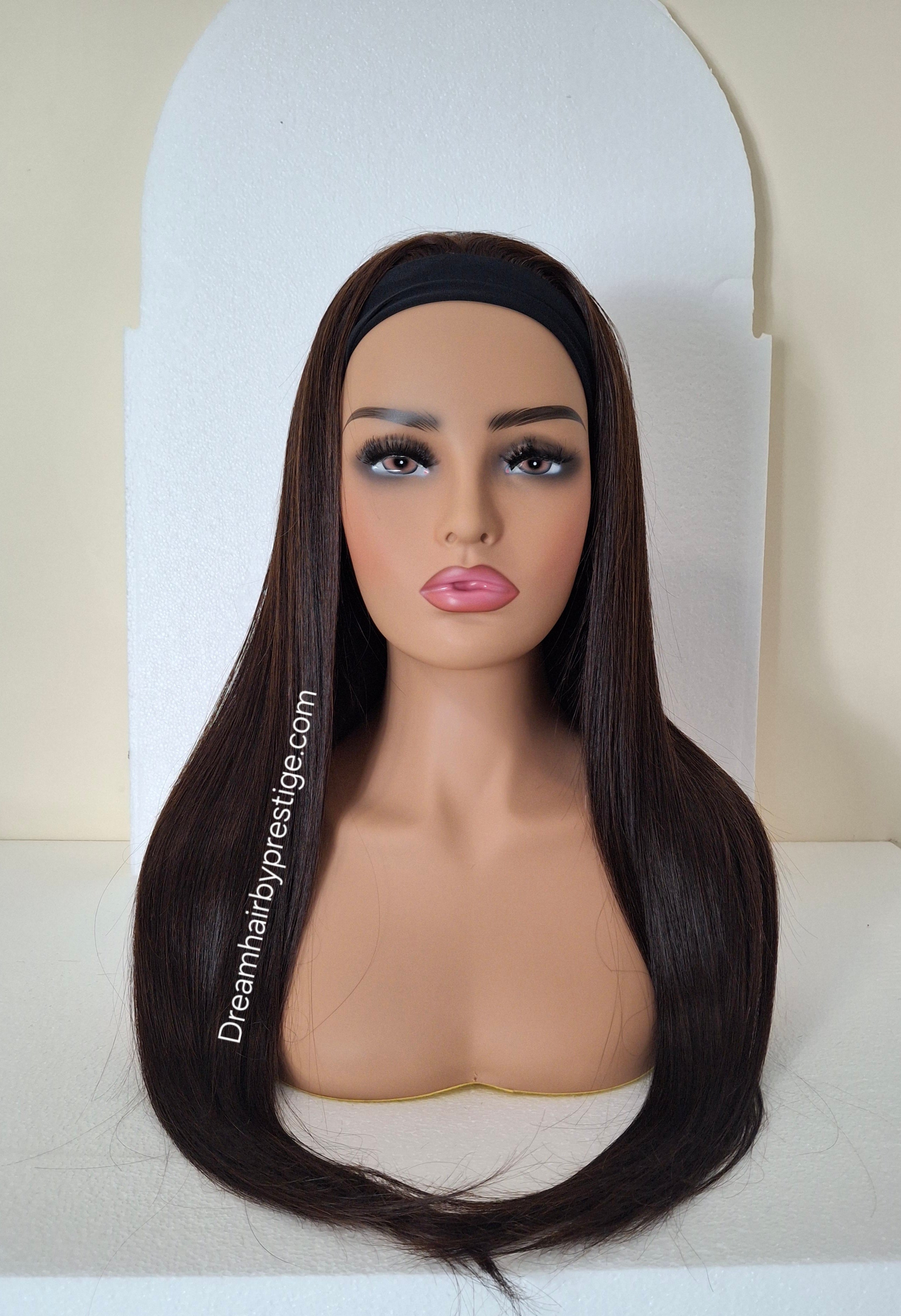 Vibe Deluxe Human hair headband wig, band fall, darkest brown almost black, 24 inches long, straight