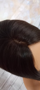 Expédition immédiate- Base topper en soie, cheveux humains européens, effet cuir chevelu, partie réaliste, mélange brun le plus foncé
