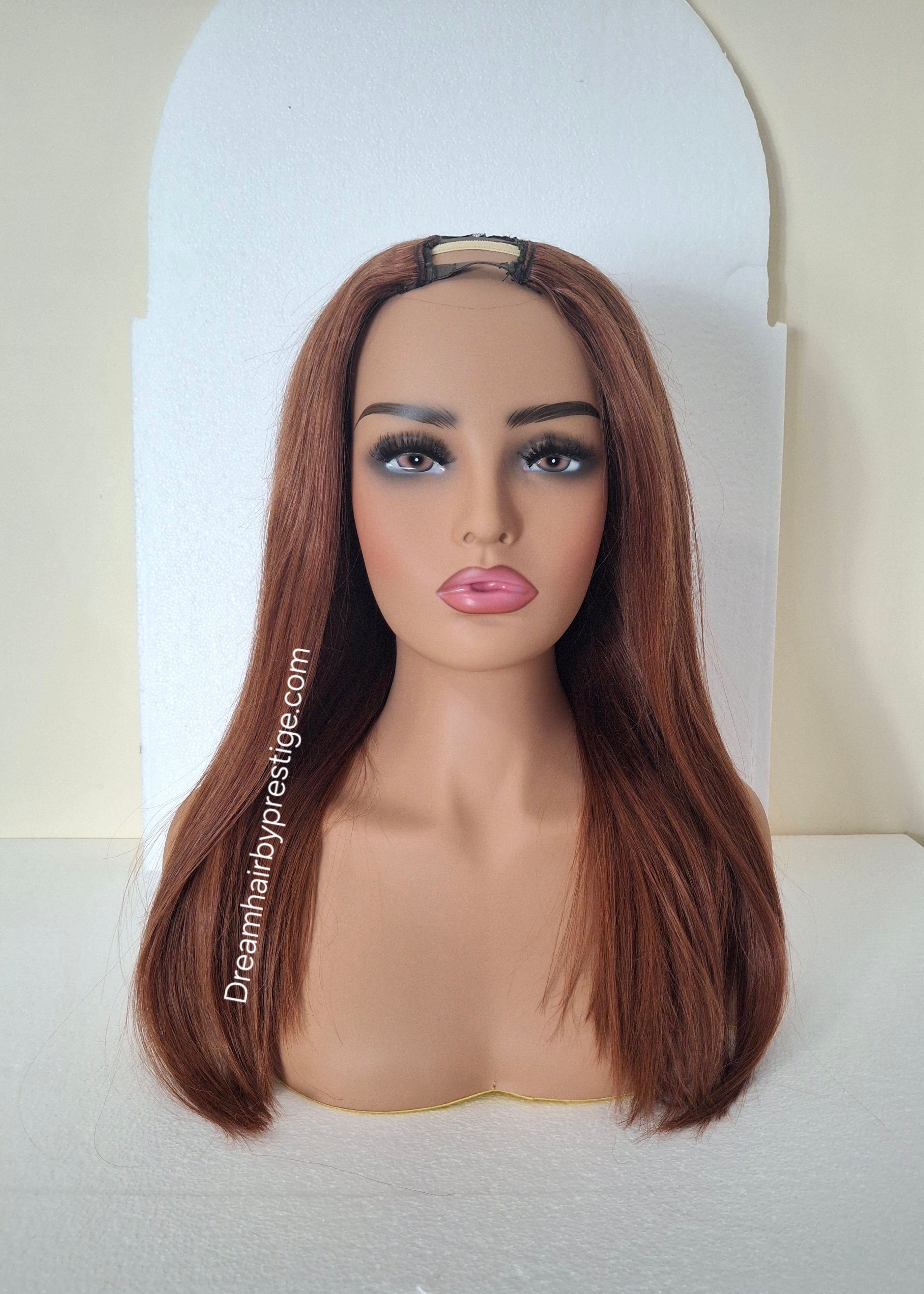 Grace U part wig, dark auburn, 18 inches long, Medium size