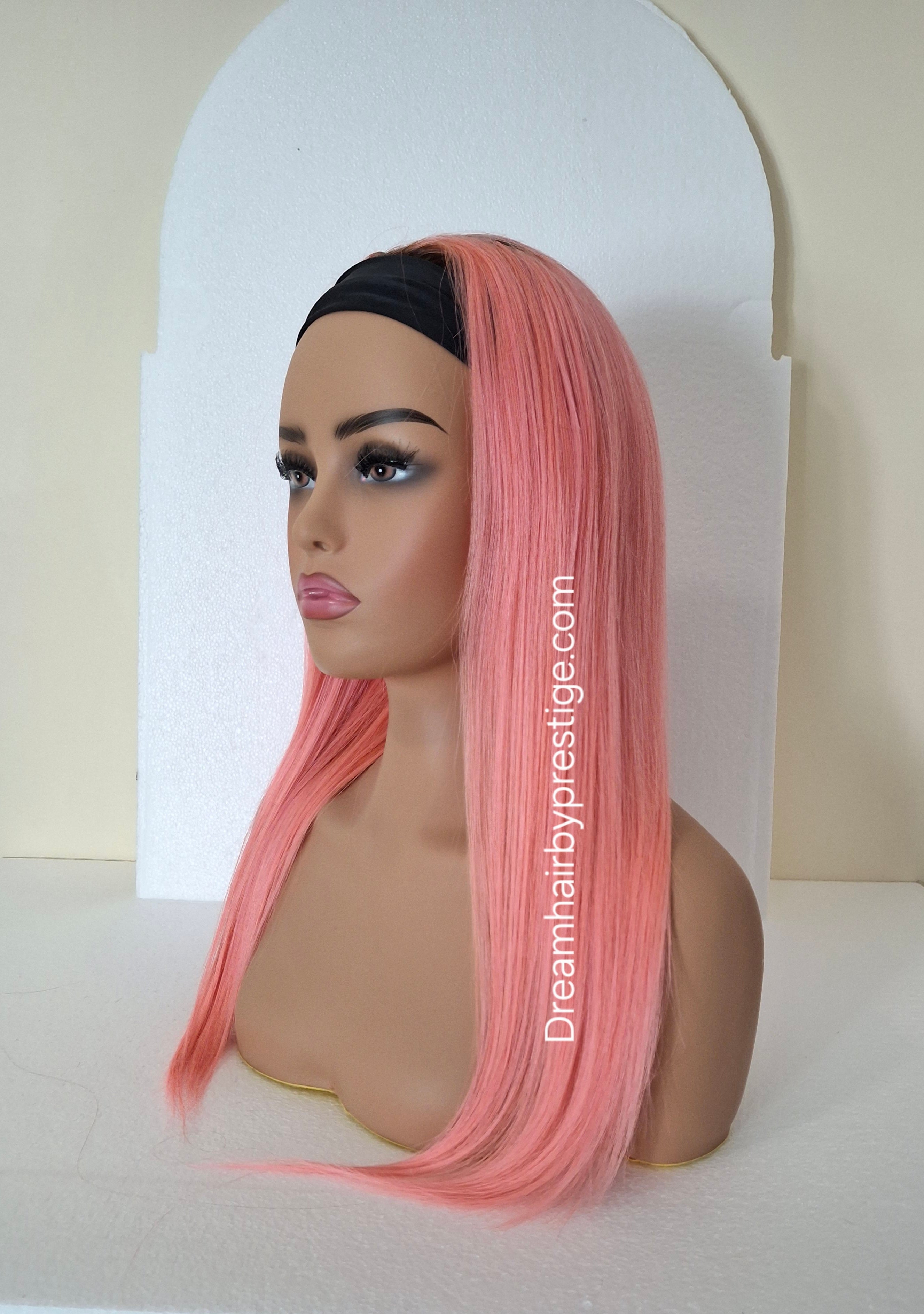 Vibe Human hair headband wig, band fall, pink with dark root, 18 inches long, straight
