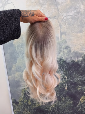 Ready to ship -luxury quality human hair topper, silk and weft base, lace front, 16 inches long, light blonde light root