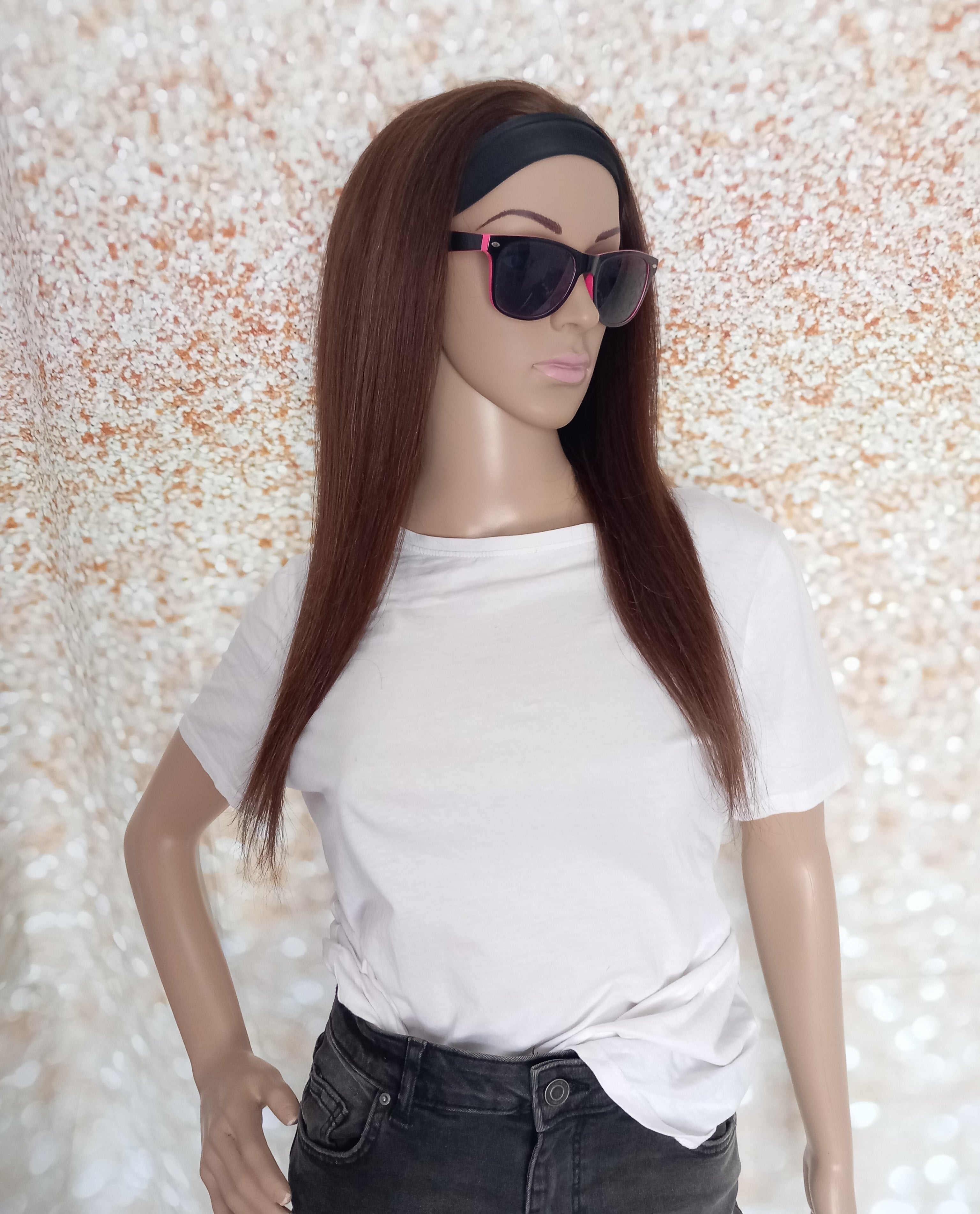 Ready to ship- Khloe Human hair headband wig, band fall, dark brown, chocolate, 18 inches long, straight