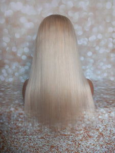 Ready to ship -Human hair wig, lightest blonde, light root, lace closure, medium cap, 18 inches long