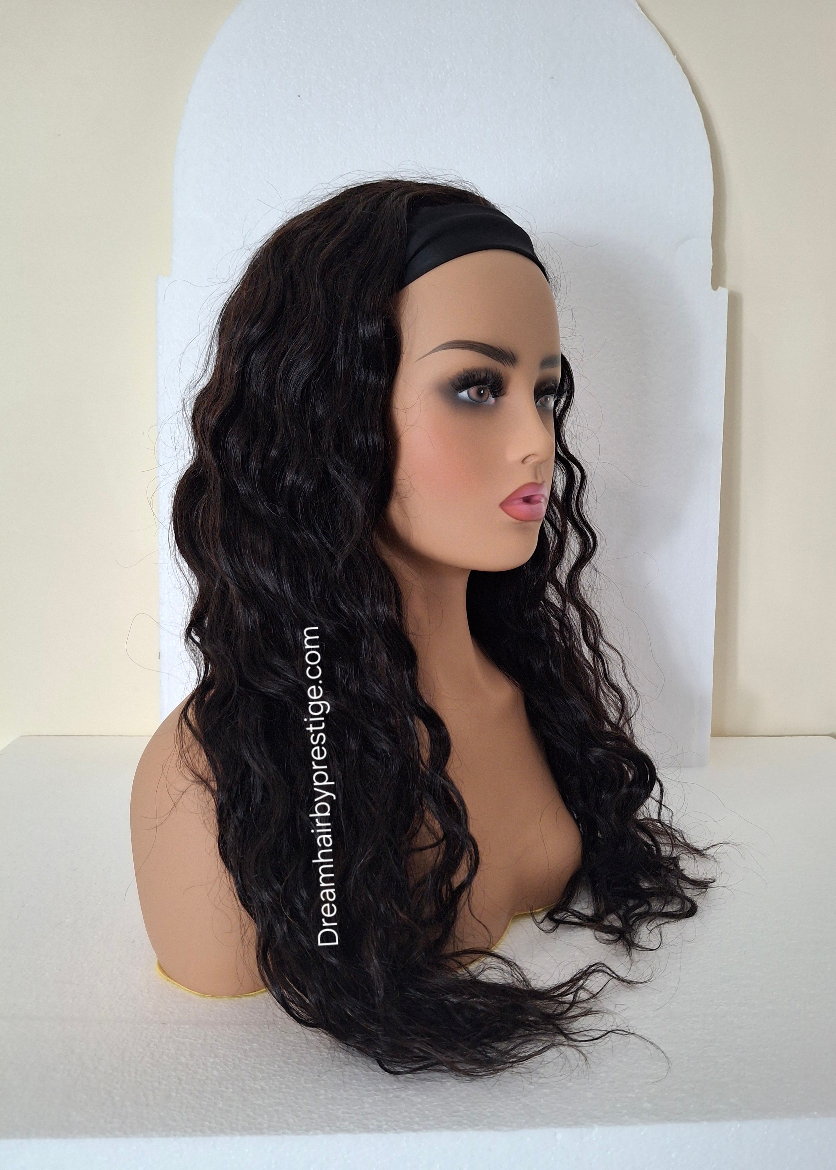 Vibe Human hair headband wig, band fall, soft black water wave 22 inches long, wavy, curly