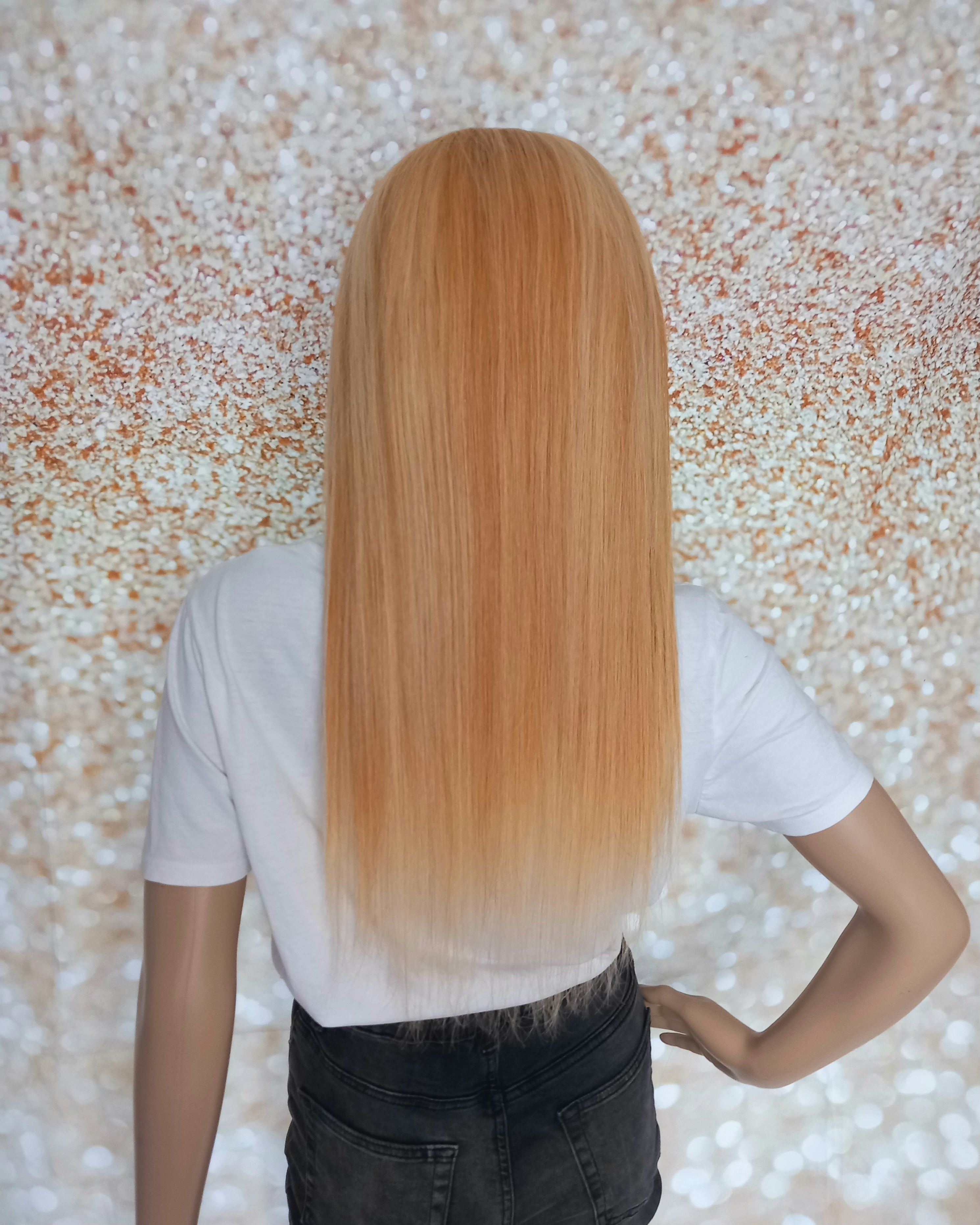 Ready to ship- Khloe Human hair headband wig, band fall, copper/613 blonde mix, 18 inches long, straight