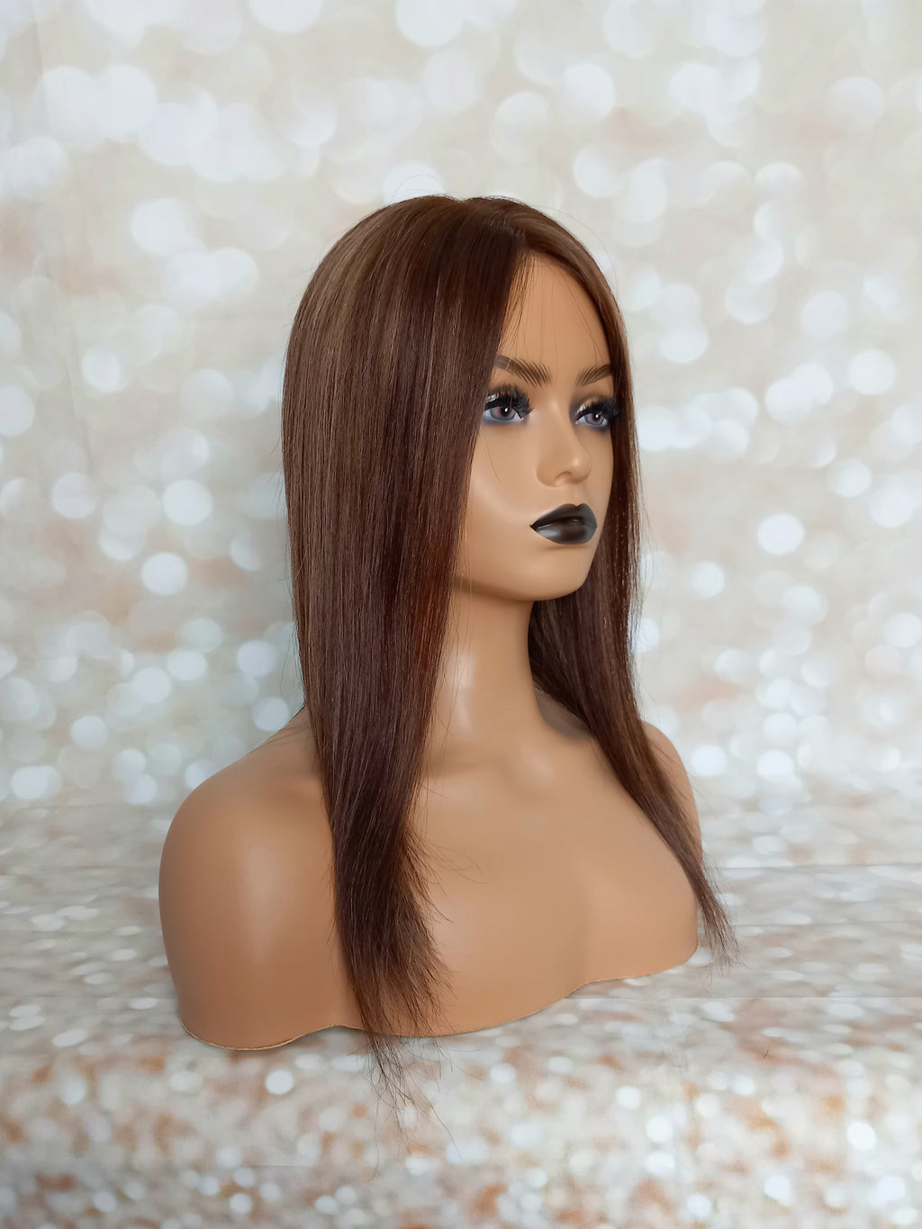 Ready to ship - Bella quality human hair topper, silk and weft base, lace front, 16 inches long, mocha balayage