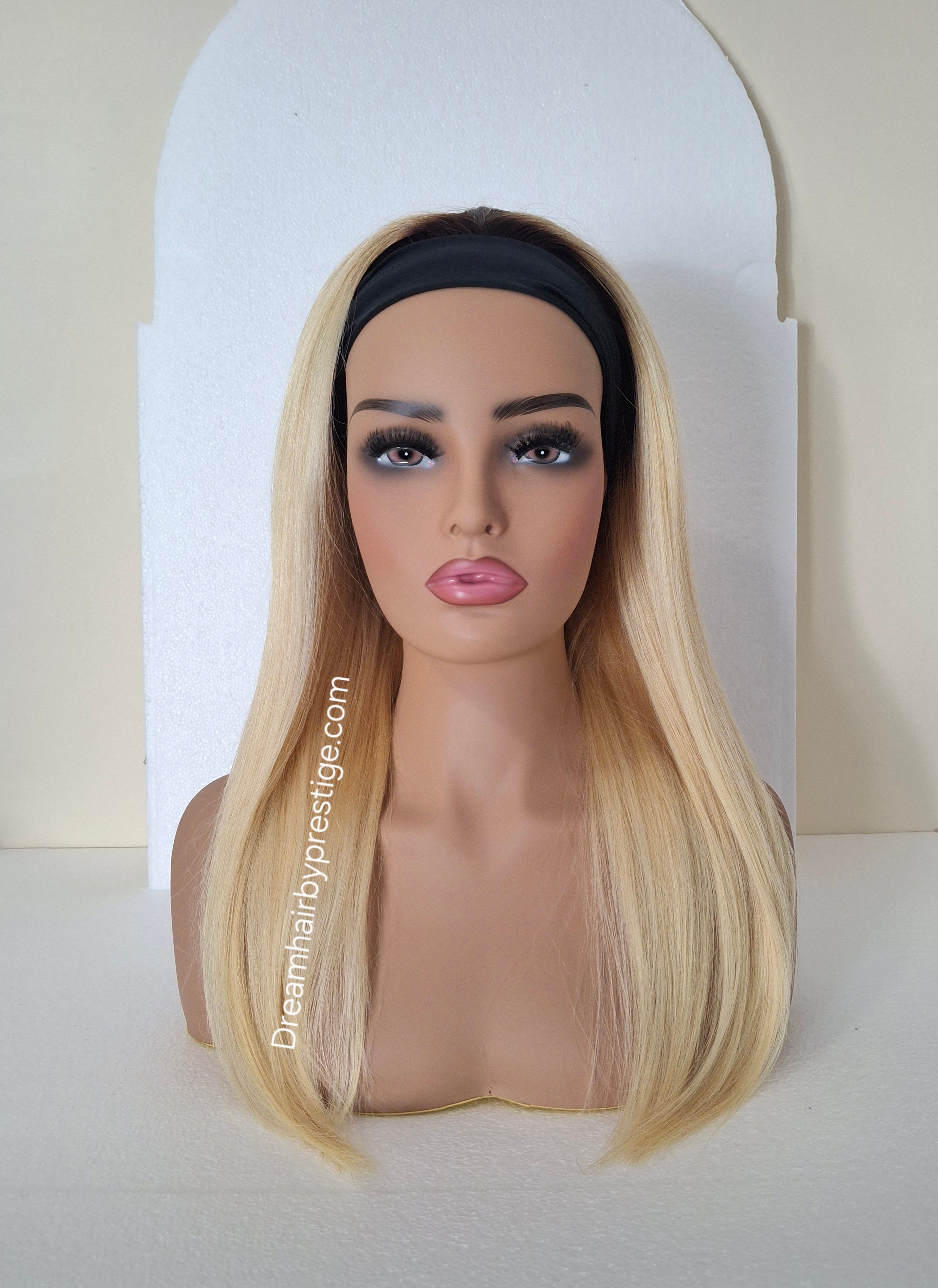 Vibe Human hair headband wig, band fall, 613 blonde with dark root, 18 inches long, straight