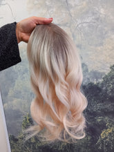 Load image into Gallery viewer, Ready to ship -luxury quality human hair topper, silk and weft base, lace front, 16 inches long, light blonde light root