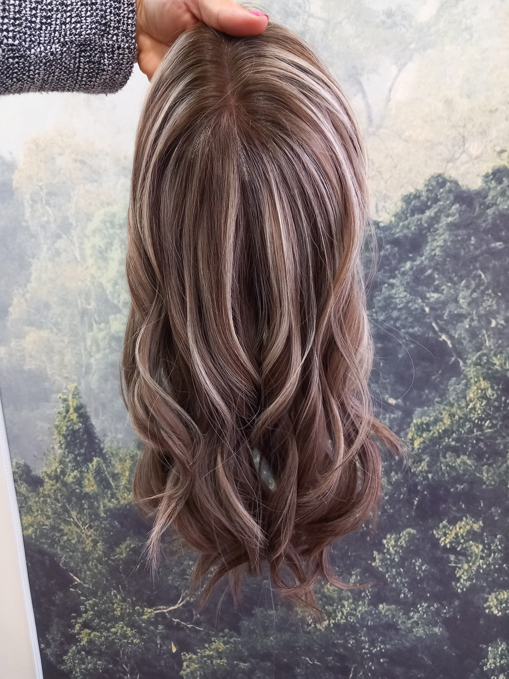 Ready to ship - Callie human hair topper, lace and weft base, lace front, 14 inches long, 613/22/4 medium root- ash and smoke