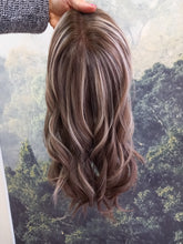 Load image into Gallery viewer, Ready to ship - Callie human hair topper, lace and weft base, lace front, 14 inches long, 613/22/4 medium root