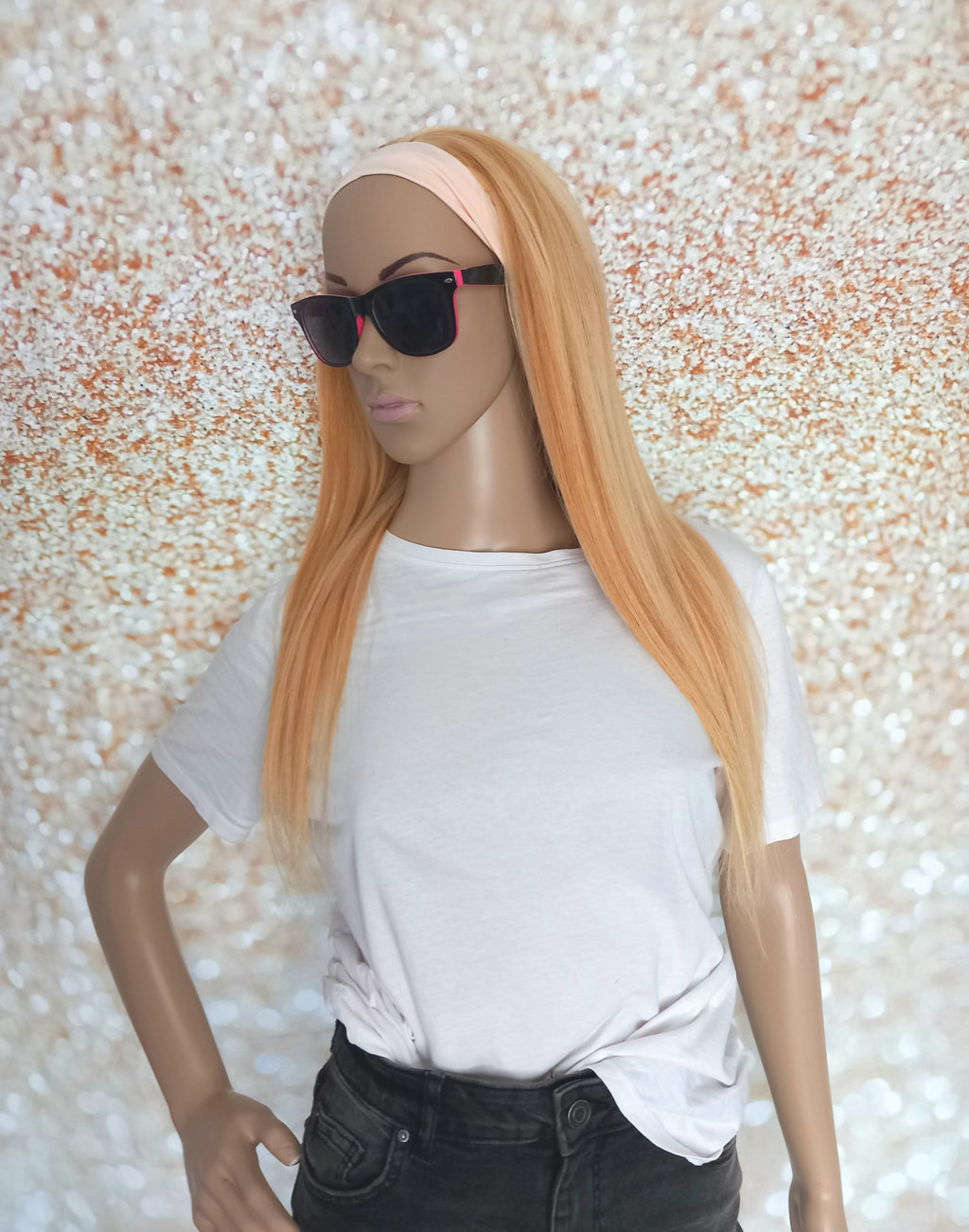 Ready to ship- Khloe Human hair headband wig, band fall, copper/613 blonde mix, 18 inches long, straight