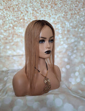 Load image into Gallery viewer, Ready to ship- parting topper, human hair, silk base, clip in, 6 medium brown with root, 16 inches long