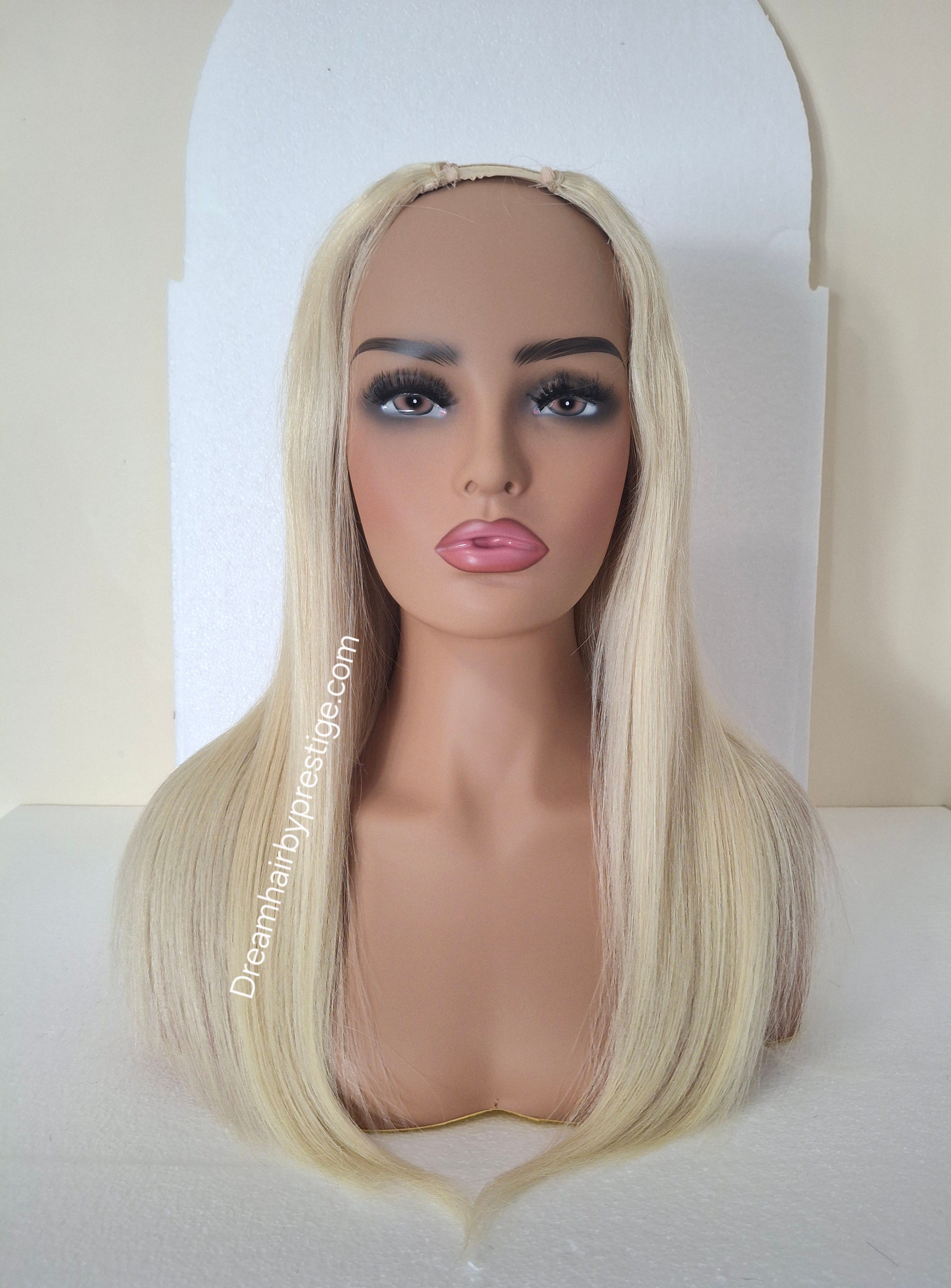 Grace U part wig, lightest blonde, 18 inches long, Medium size