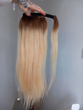 Load image into Gallery viewer, Clearance - immediate despatch- Human hair ponytail extension, 20 honey blonde, 6 medium brown root, 20 inches long