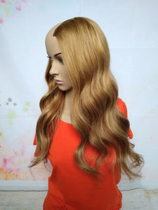 Prestige clip in U part human hair extension, medium brown light brown strawberry blonde