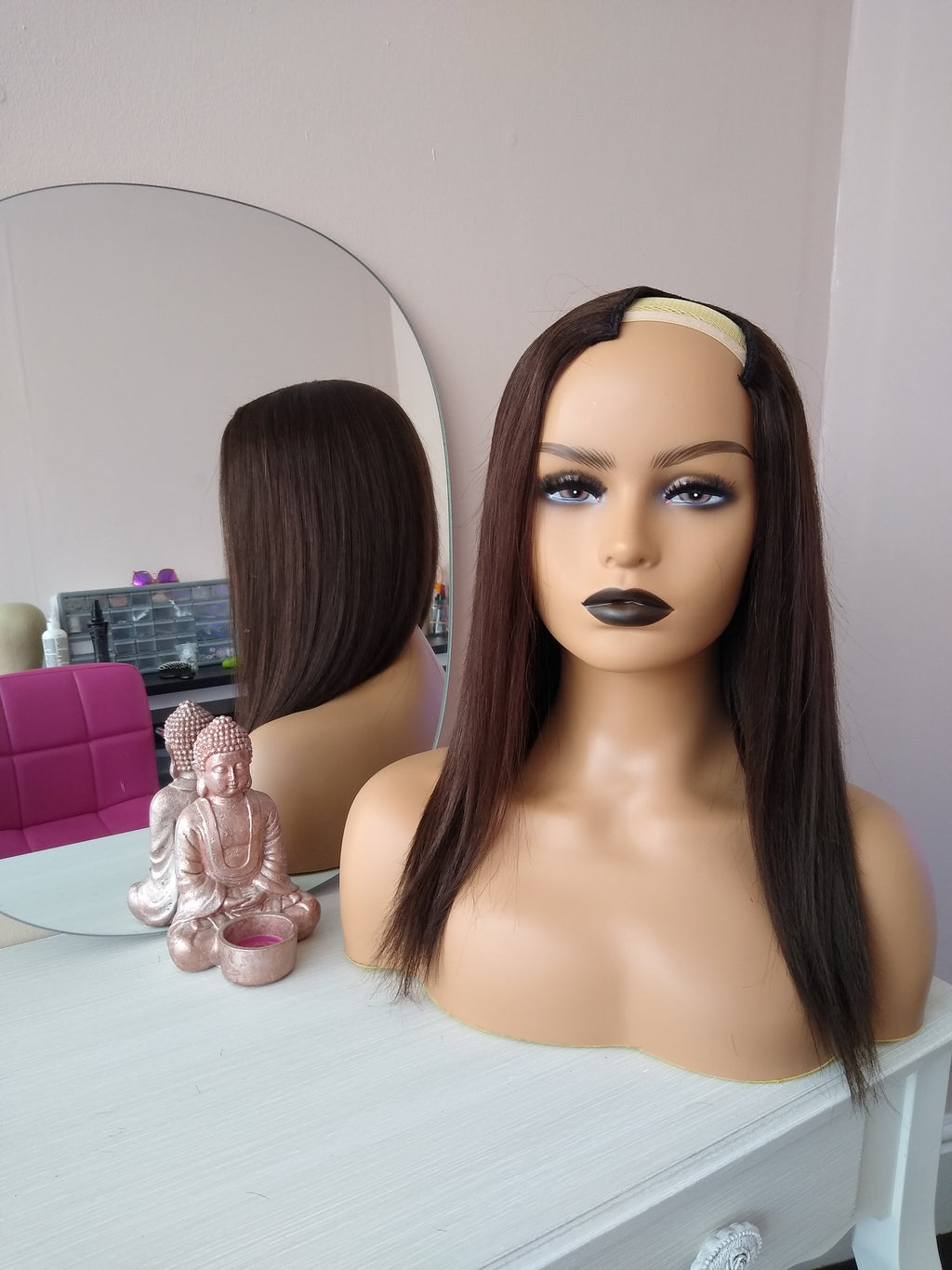 Ready to ship- Human hair U part wig, #2-darkest warm brown- 14 inches long, left part