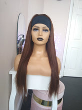 Load image into Gallery viewer, immediate despatch- Human hair headband wig, band fall, dark brown, chocolate, 22 inches long, straight